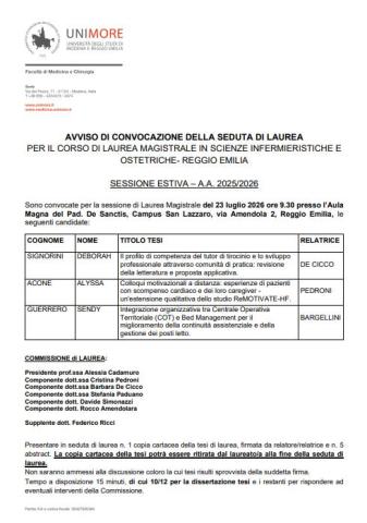 Convocazione Seduta di laurea 23 luglio 2026